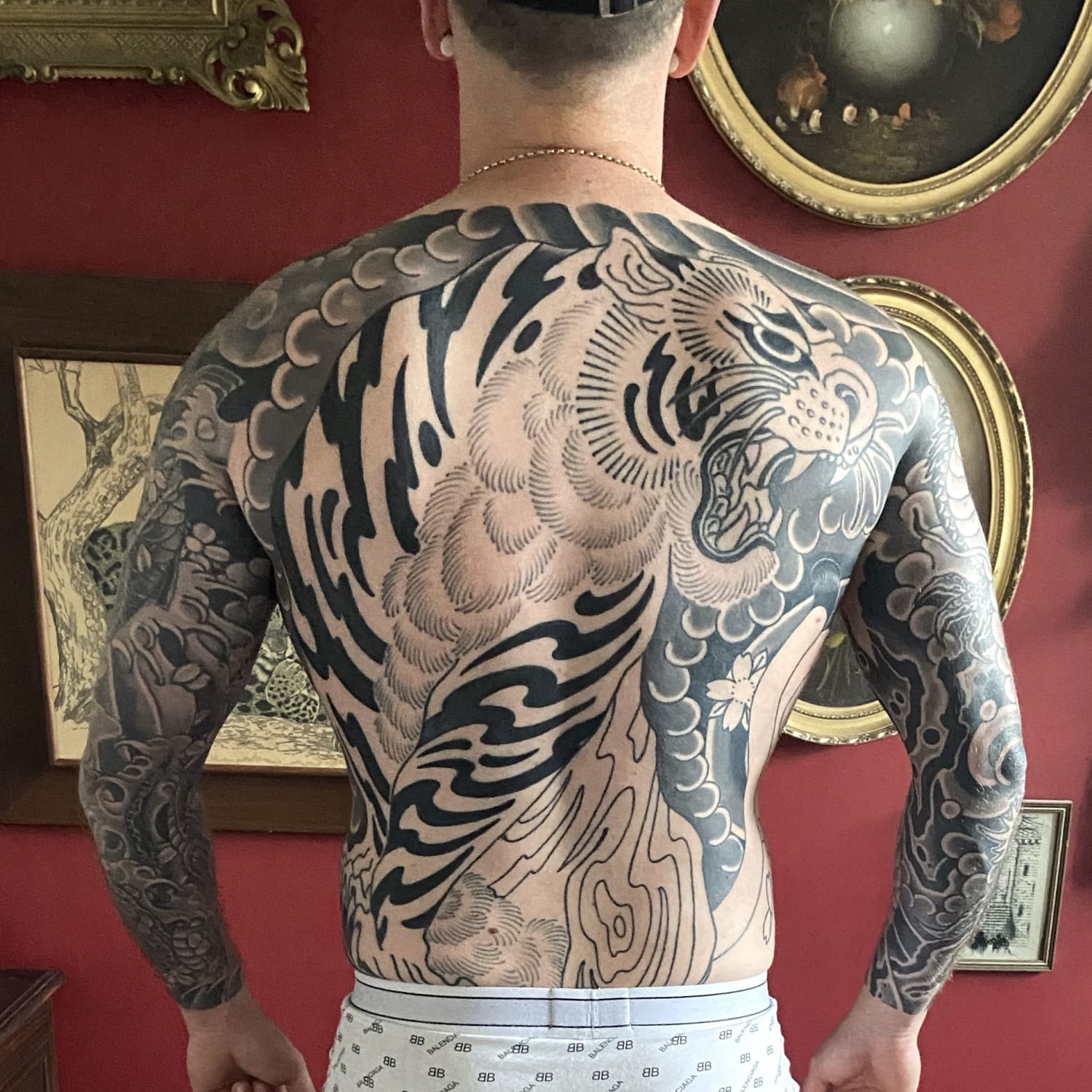 Tiger back piece in progress, part of a mainly Japanese inspired bodysuit. George Crewe, Noiseland tattoo, Leicester, UK.