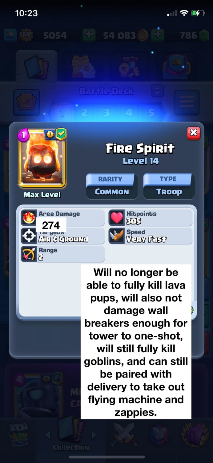 After Nerf, Fire Spirit Will Do 274 at Lvl 14. I’ve Checked a Few Interactions, This Nerf Will Change the Game, Thank You Supercell.