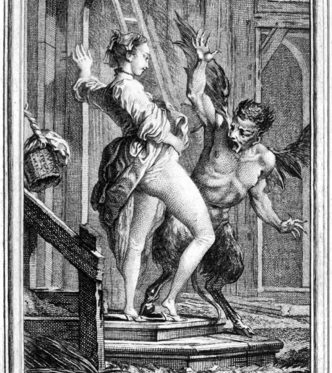 This is a 1762 illustration of a woman warding off the devil with her genitalia. The illustration was used to accompany the poem, “The Devil of Pope Fig Island,” written by a 17th century French poet by the name of Jean de la Fontaine. Go @HistoryInPics Go