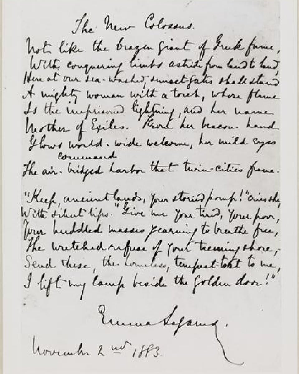 "Give me your tired, your poor, your huddled masses..." Poet EmmaLazarus was born today in 1849. Her poem "The New Colossus" was written to raise funds for the Statue of Liberty. 🗽 📸 Byron Company, The New Colossus original manuscript, 1883, 93.1.1.18433 from our collection