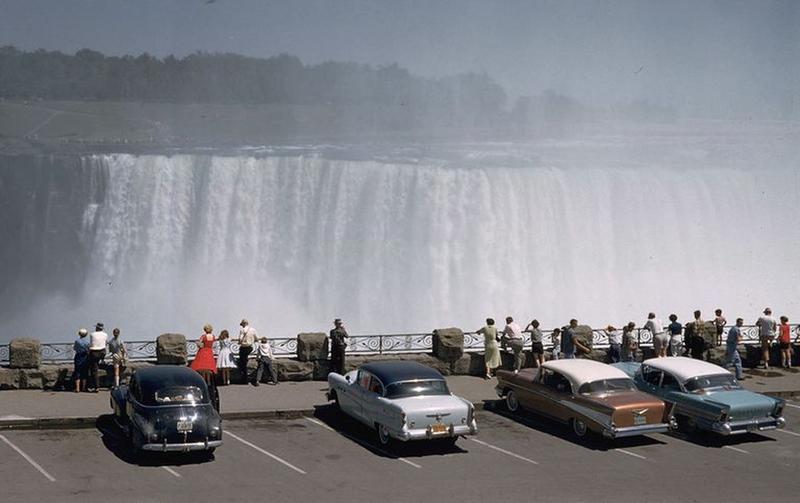 Sightseers overlook Niagara Falls, 1957