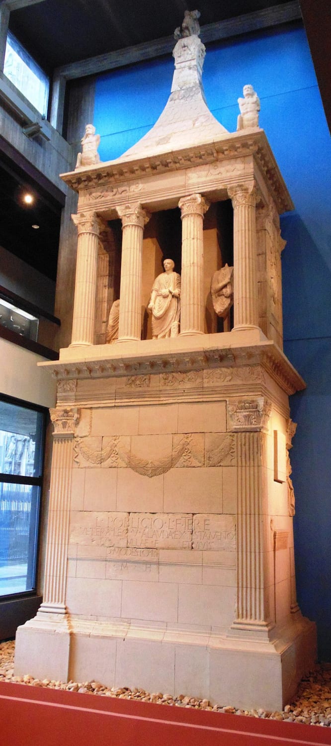 Marble tomb of the Roman legionary Poblicius. Circa 40 CE, now on display at the Roman-Germanic Museum in Cologne, Germany