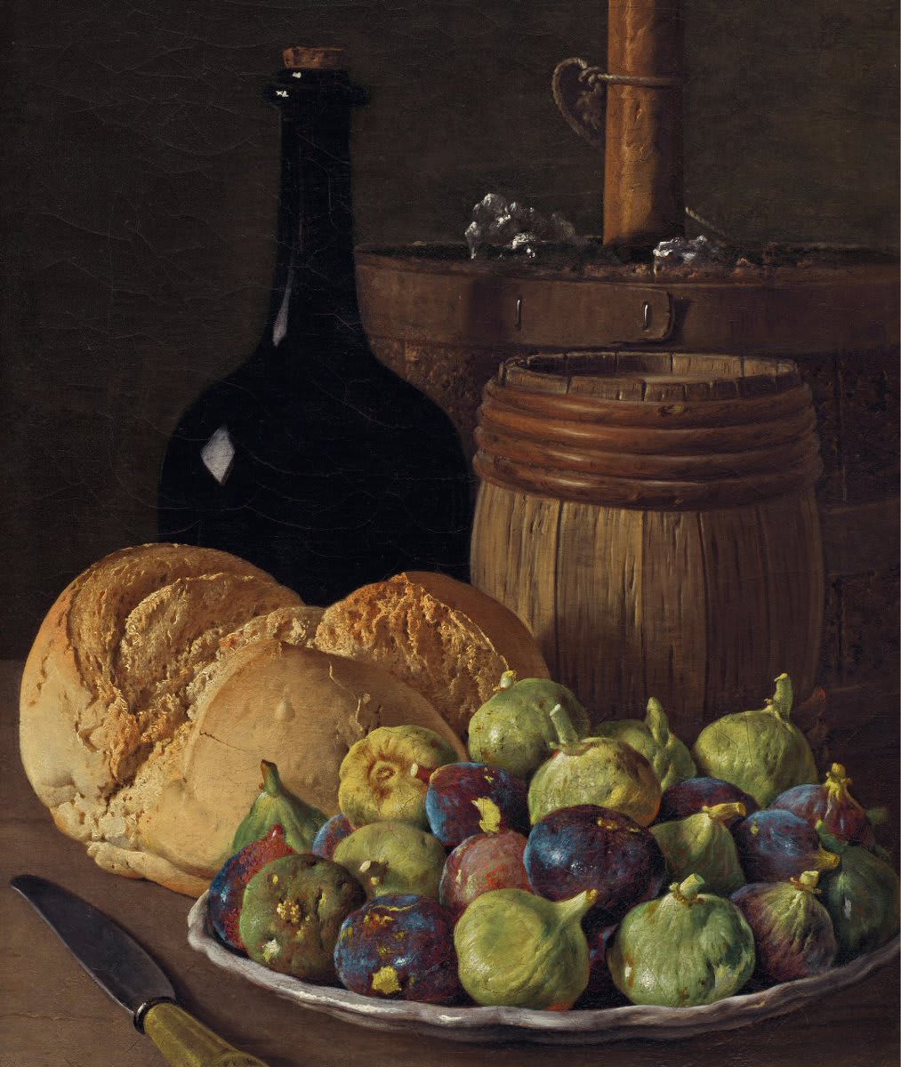 “The purplish tear drop, ripe with sweet uncertainty…” — Vivian Tu The mouth-watering details of Luis Meléndez's 1770 “Still Life with Figs and Bread” ✨