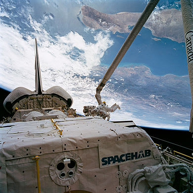 Also on board STS-57 launched OTD 21 June 1993, SPACEHAB, a commercially developed, pressurised laboratory for conducting microgravity experiments (Pic NASA)