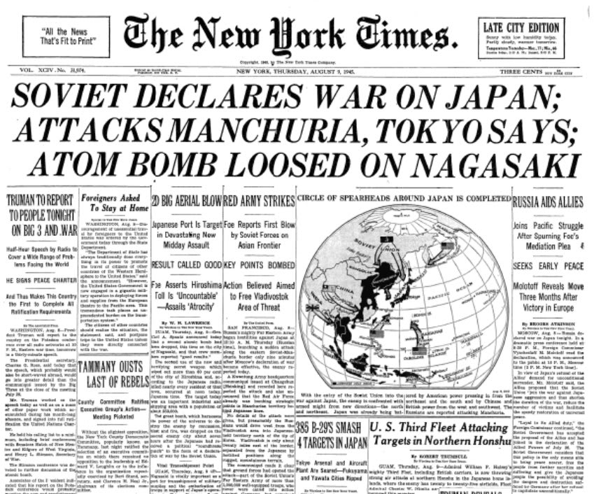 An atomic bomb was dropped on the city of Nagasaki, Japan, on this day in 1945.