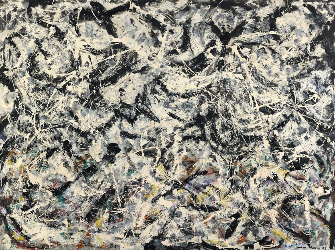 Born OnThisDay—In the late 1940s Jackson Pollock developed a revolutionary form of Abstract Expressionism. With no apparent beginning or end, top or bottom, his paintings imply an extension of his art beyond the edges of the canvas, engulfing the viewer. NowOnView [©ARS]