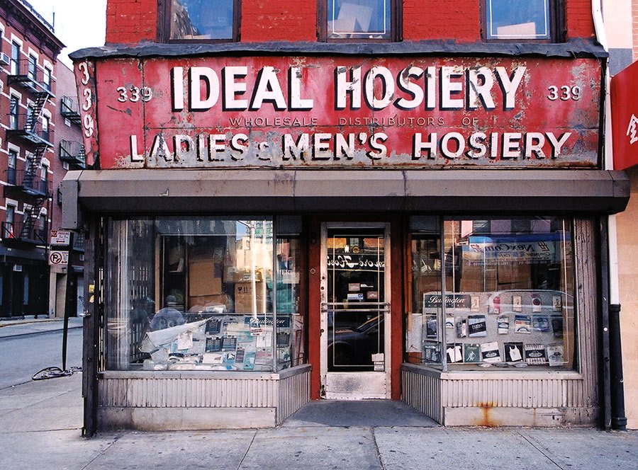 Ideal Hosiery, LES, NYC This long-time men’s hosiery storefront on Grand Street (its been open since 1950) which we photographed for our book “Store Front: The Disappearing Face of New York” in 2004. The building is landmarked (it was built between 1831-1833 by John Jacob Astor