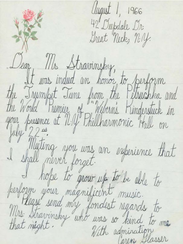 Letter from 9-year-old Caren Glasser to Igor Stravinsky. The former had performed the world premiere of Webern's "Kinderstück," along with a brief arrangement of the closing bi-tonal trumpet motif from "Petrushka," at Lincoln Center on July 22, 1966.