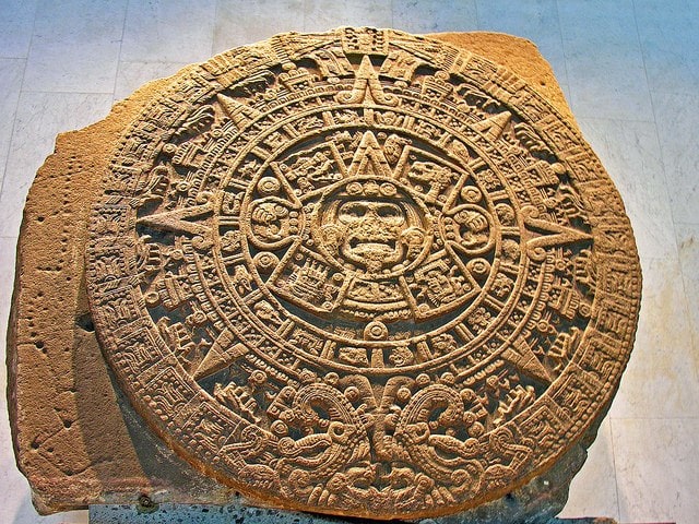 The Aztec Sun Stone (Calendar Stone) is a representation of the five eras of the sun from Aztec mythology. The stone was part of the architectural complex of the Temple Mayor of Tenochtitlán & dates to c. 1427 CE.