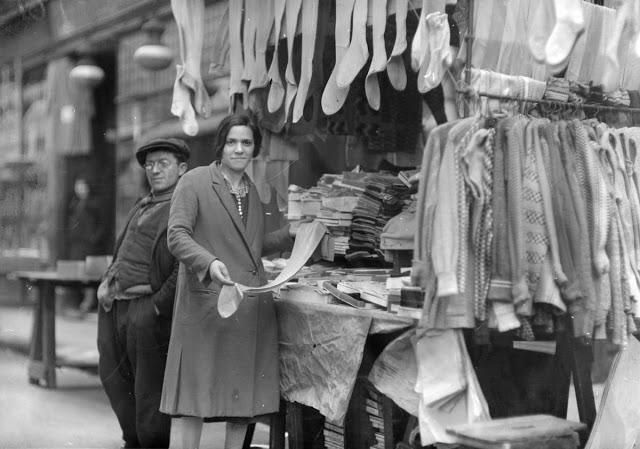 A hosiery stall in Berwick Street market, London, circa 1935. (Getty Images)