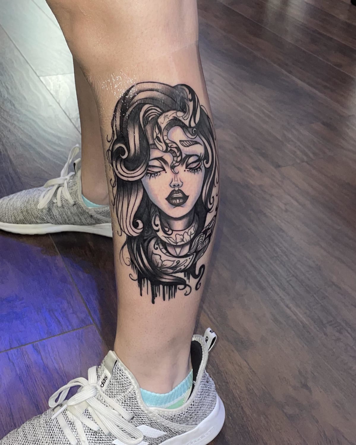 Calf tattoo done by Raine at Black Sheep in Fort Wayne