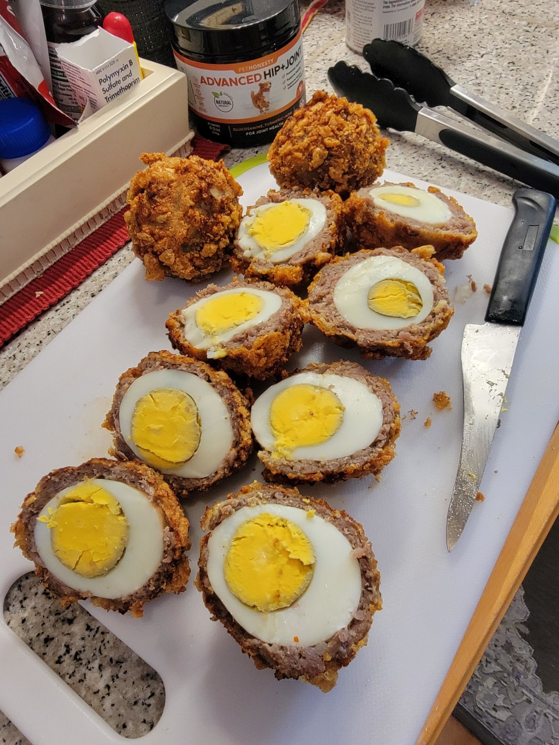 [Homemade] Porkrind breaded Scotch Eggs.