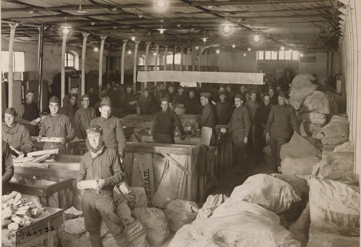 "Post Office deplacing 1st class mail. Central post office, Bourges, Cher, France,"100 years ago
