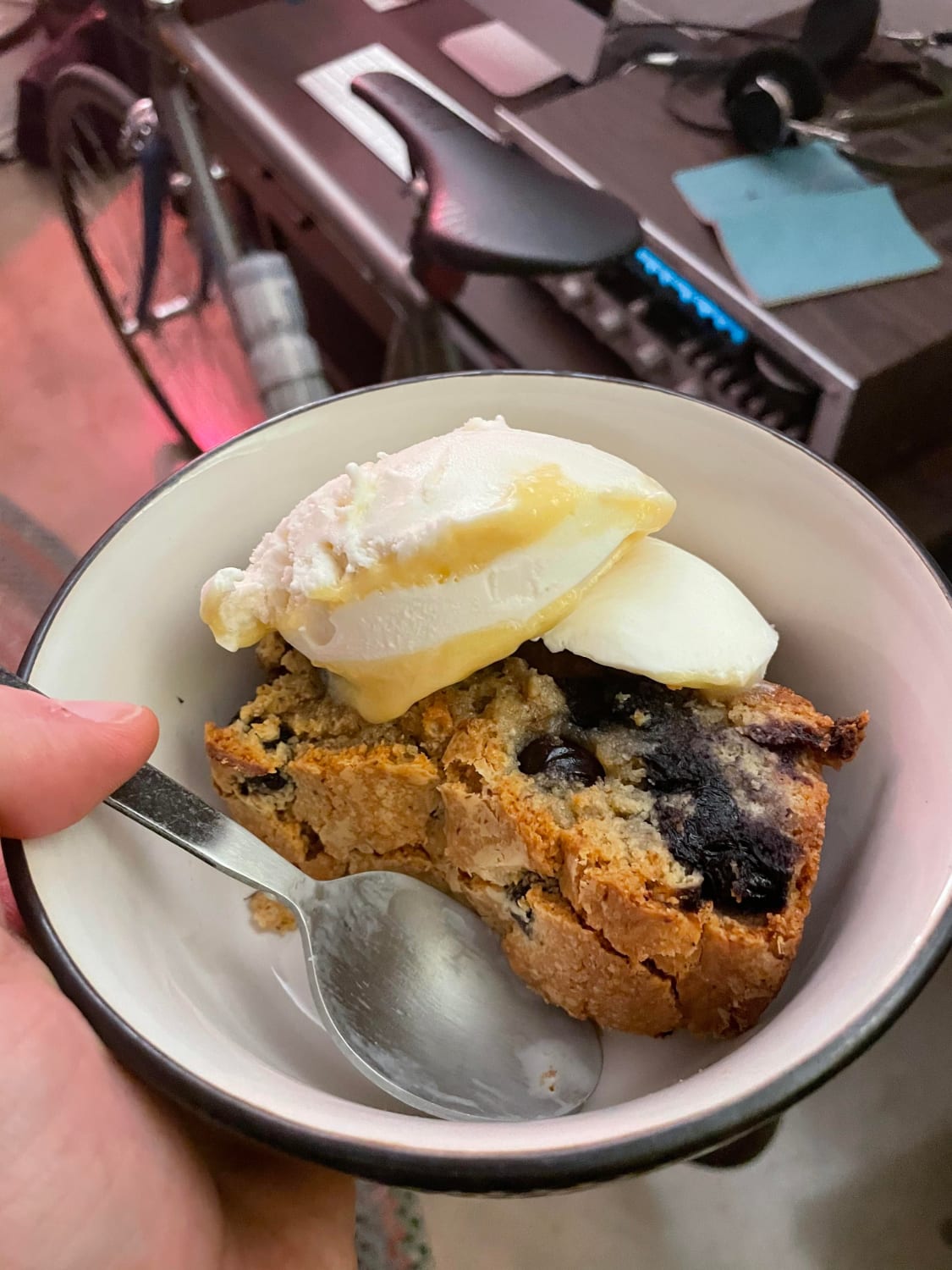 Blueberry olive oil cake with lemon curd ice cream. Didn’t make the ice cream, but I saw it in the store and thought this cake would pair well! Wonderful combination.