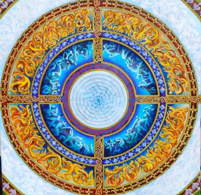 A mandala (Sanskrit for “circle”) is an artistic representation of higher thought and deeper meaning given as a geometric symbol used in spiritual, emotional, or psychological work to focus one's attention. ➡️ Read more: