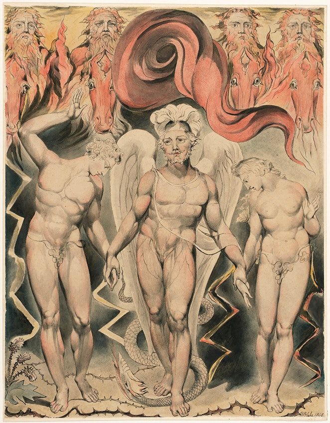 Michael leads Adam and Eve out of Paradise, one of William Blake’s 12 Paradise Lost illustrations from 1808. Featured in our latest essay "The Sound and the Story" in which @PhilipPullman considers the influence Milton's masterpiece has had on his work: