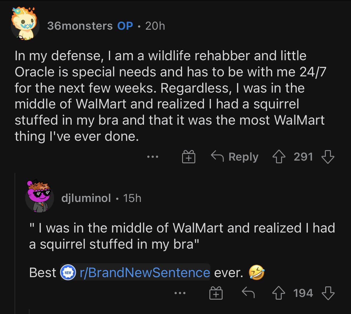 “I was in the middle of Walmart and realized I had a squirrel stuffed in my bra”