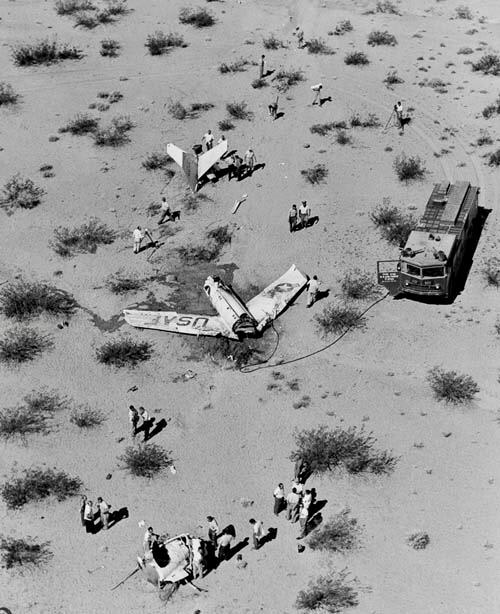 The wreckage of the experimental Bell X-2 jet after a crash that killed pilot Milburn Apt, east of Edwards Air Force Base, California, September 27, 1956