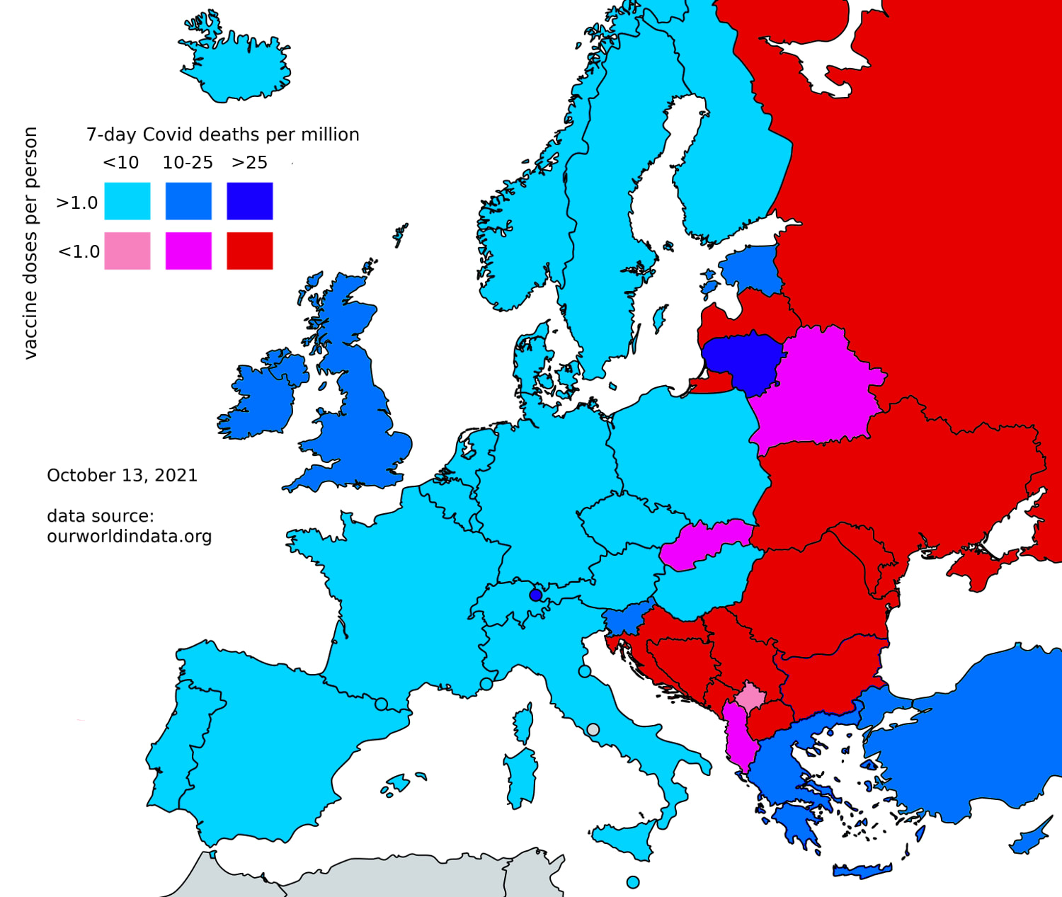 Europe: COVID deaths vs. vaccination rates (4th attempt)