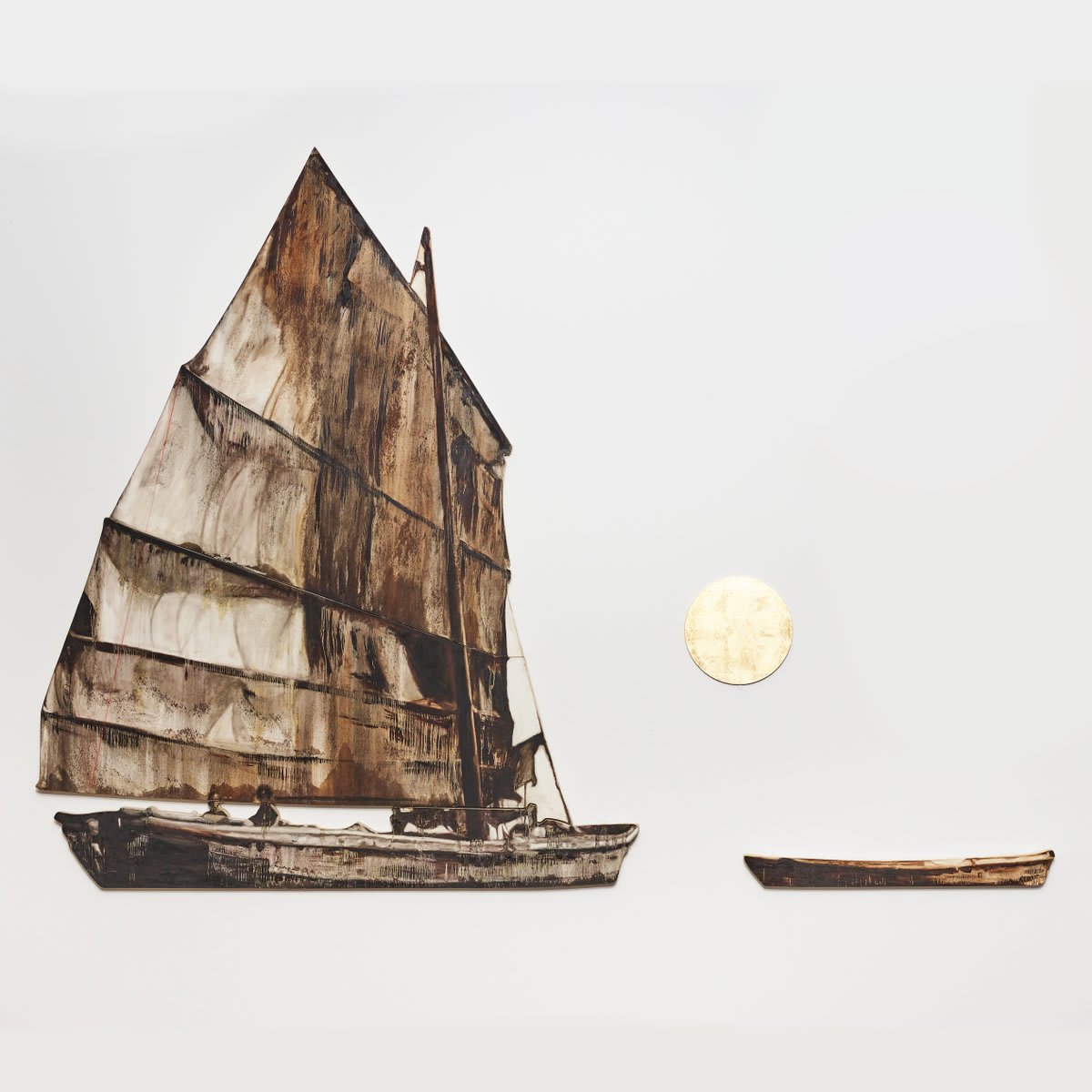 Hung Liu's 'Shrimp Junk II' has a unique connection to the Bay Area. This piece represents some of the Chinese fishing villages that existed in the city around that time. Chinese fishermen would use redwood to build flat-bottom junks to troll the waters for shrimp.
