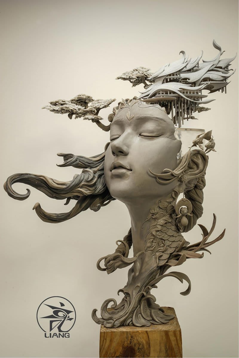 Dreamlike landscapes grow from sculptural portraits by Yuanxing Liang