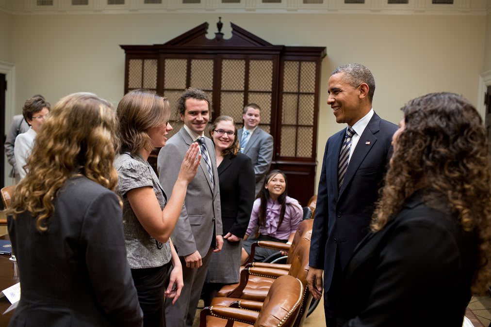President Barack Obama greets participants during a meeting on the future of disability policy, OTD, 2012.