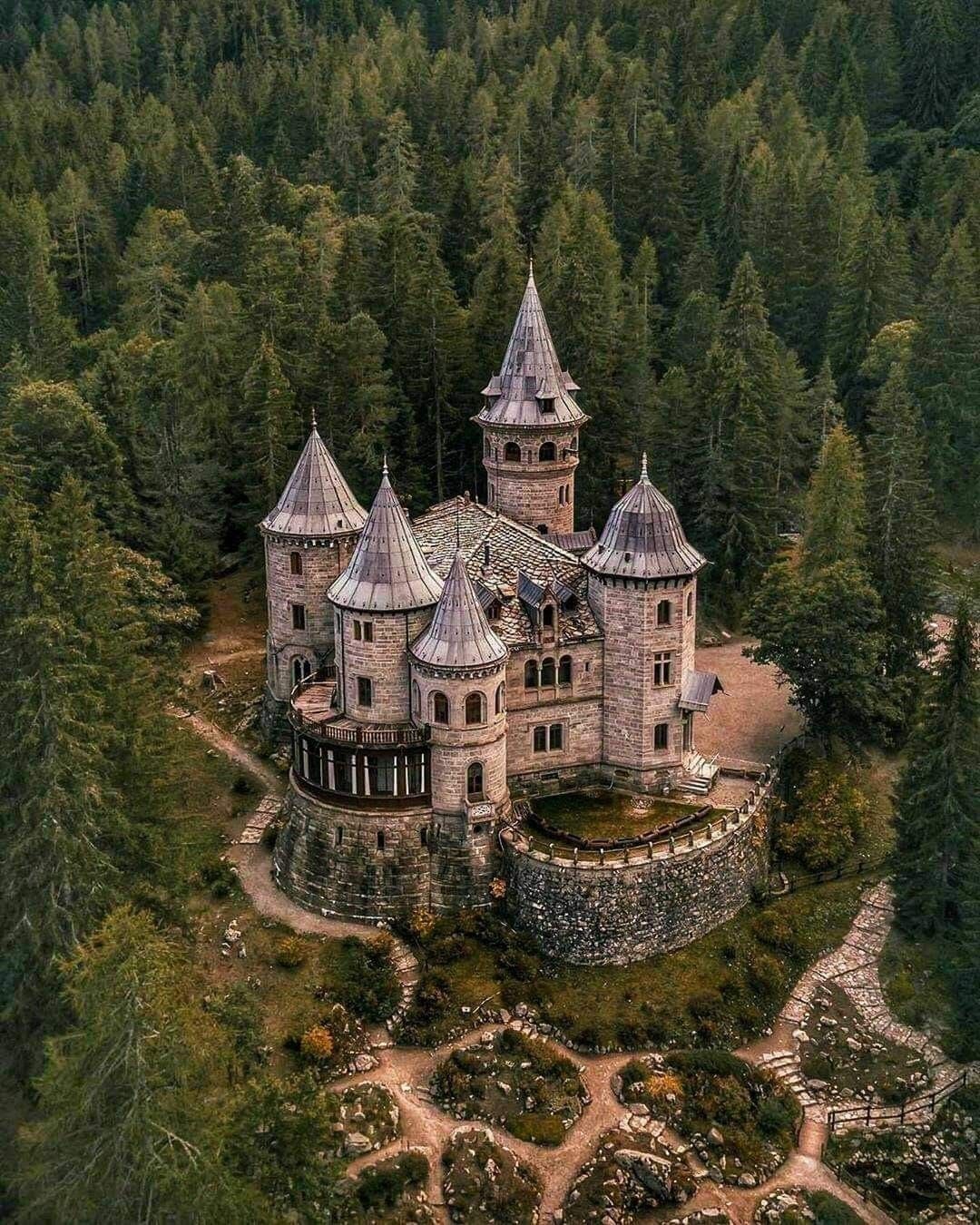 Castle of Queen Margherita of Savoy - Gressoney-Saint-Jean, Italy - Designed in an eclectic style flanked by 5 Neo-Gothic towers of different heights, one octagonal by architect Emilio Stramucci in 1899 - Open to the Public