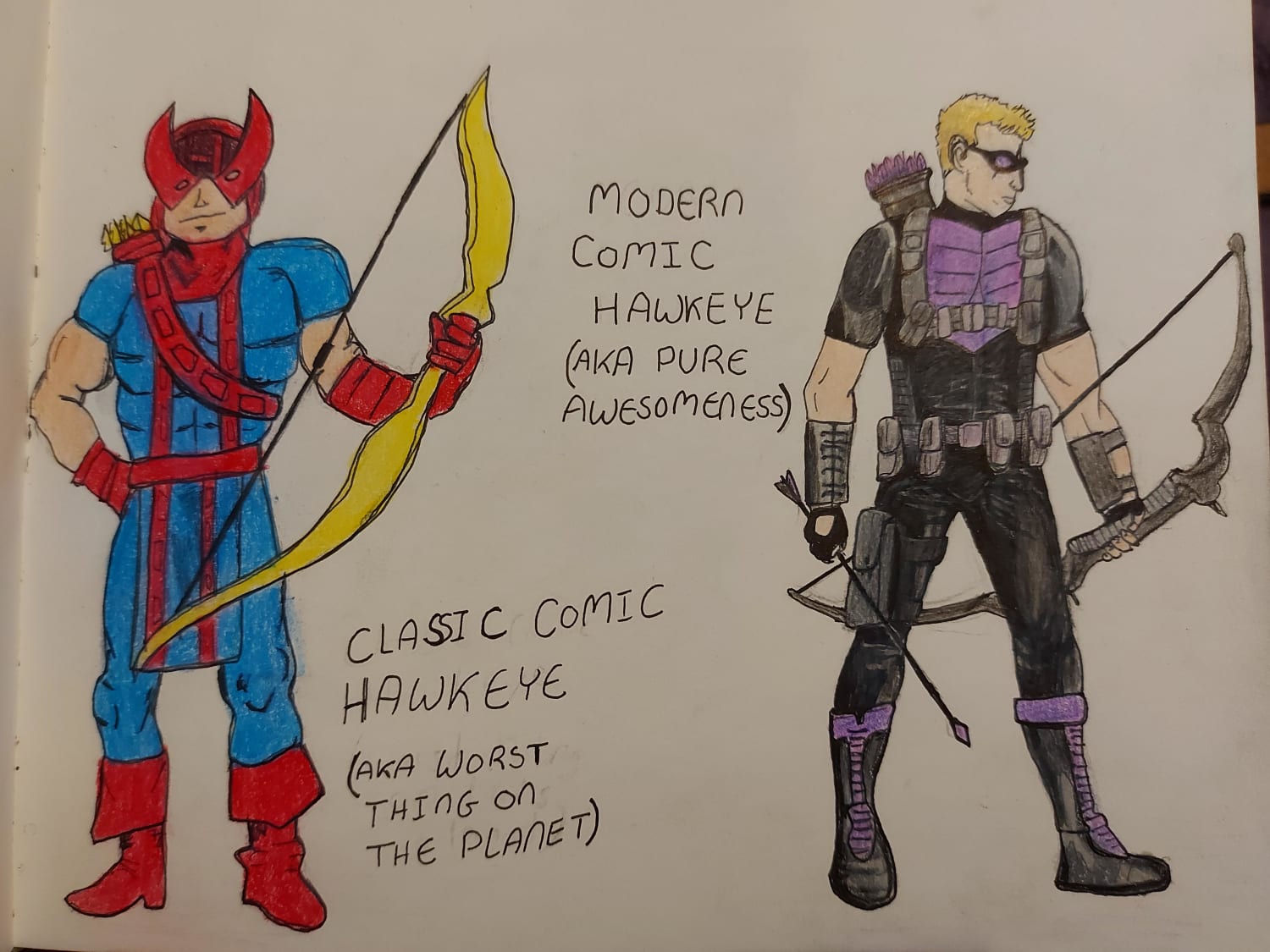I drew classic Hawkeye VS modern Hawkeye in my art class.