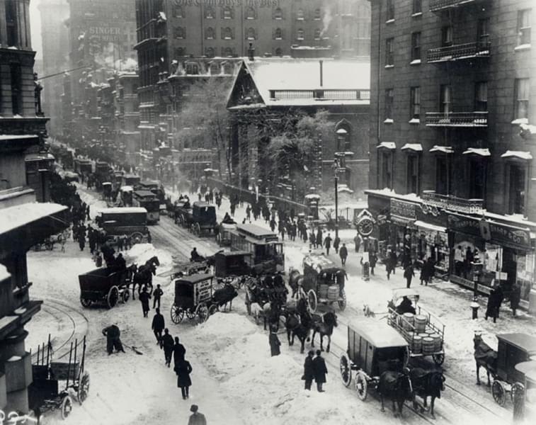 Lower Broadway, New York in winter, ca 1900
