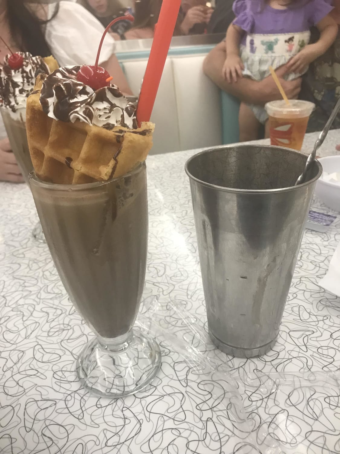 A Chocolate Milkshake with a waffle in it