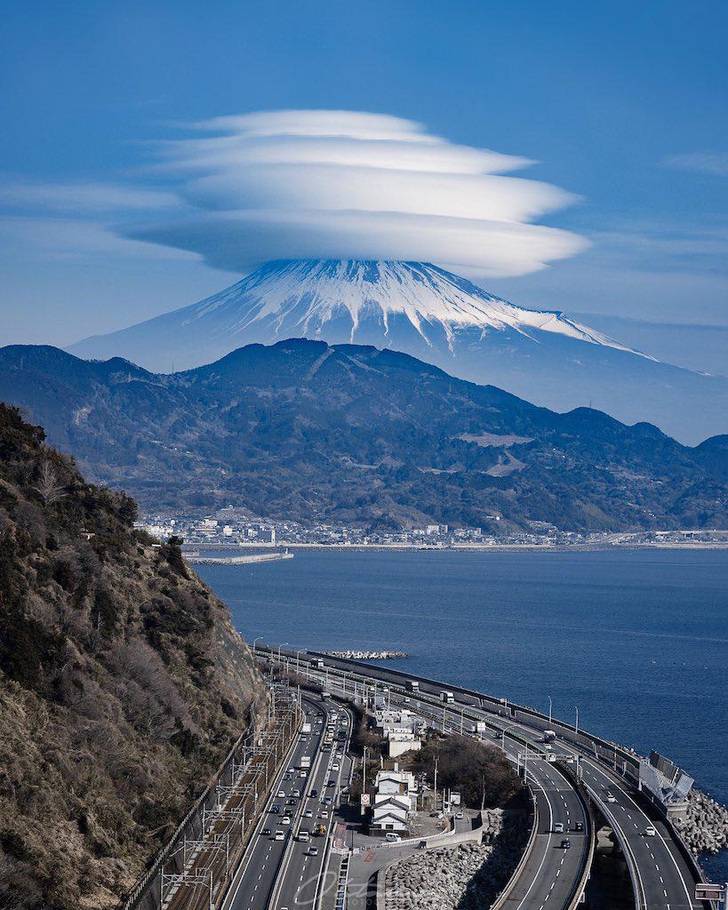 Mount Fuji covered in layers of Lenticular Clouds.