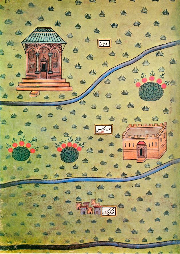 Scene from northwestern Iran, by the 16th-century Bosnian-born polymath Matrakçı Nasuh. More of his beautiful miniatures of Middle Eastern cityscapes and maps here: