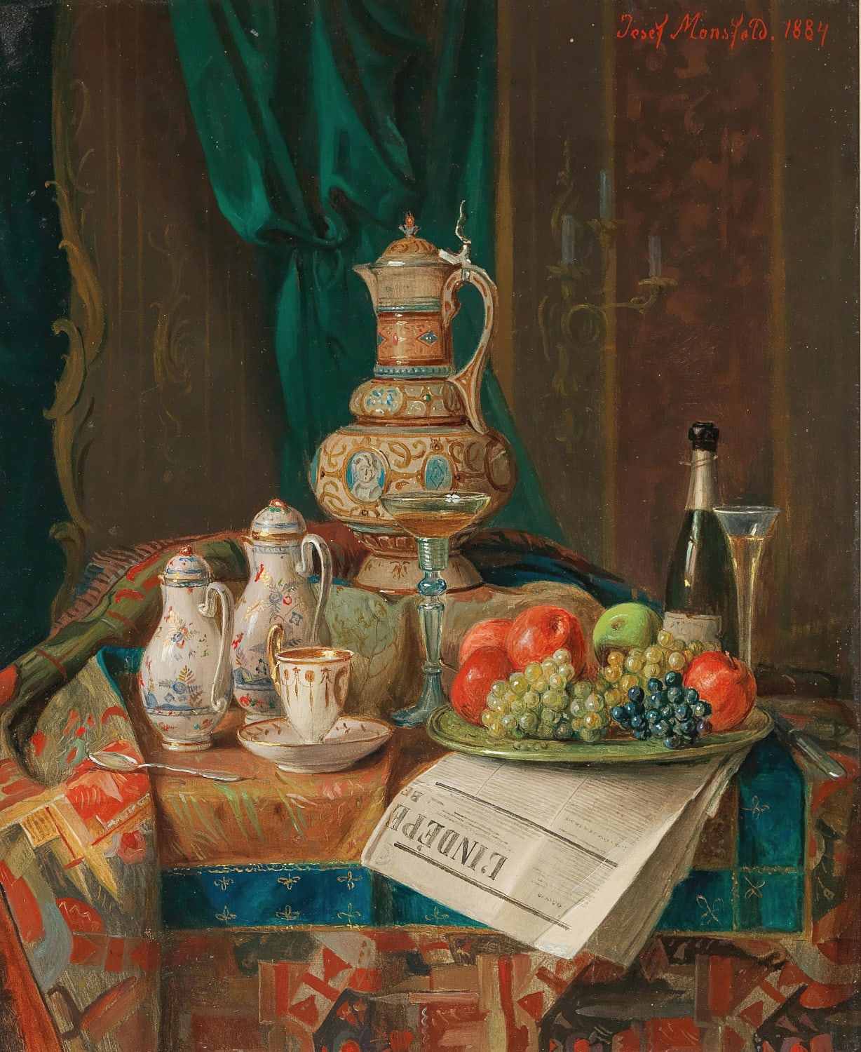 Josef Mansfeld - Still Life with a Historicist Ewer, a Plate of Fruit and a Newspaper (1884)