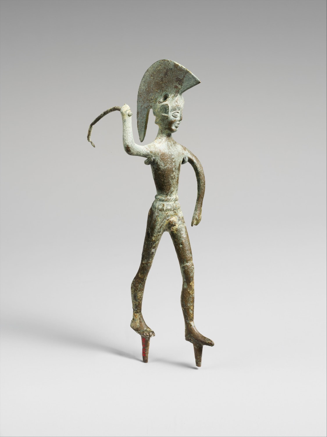 Ancient Etruscan bronze statuette of a warrior with a bent/partly missing spear, c. 5th century BCE.