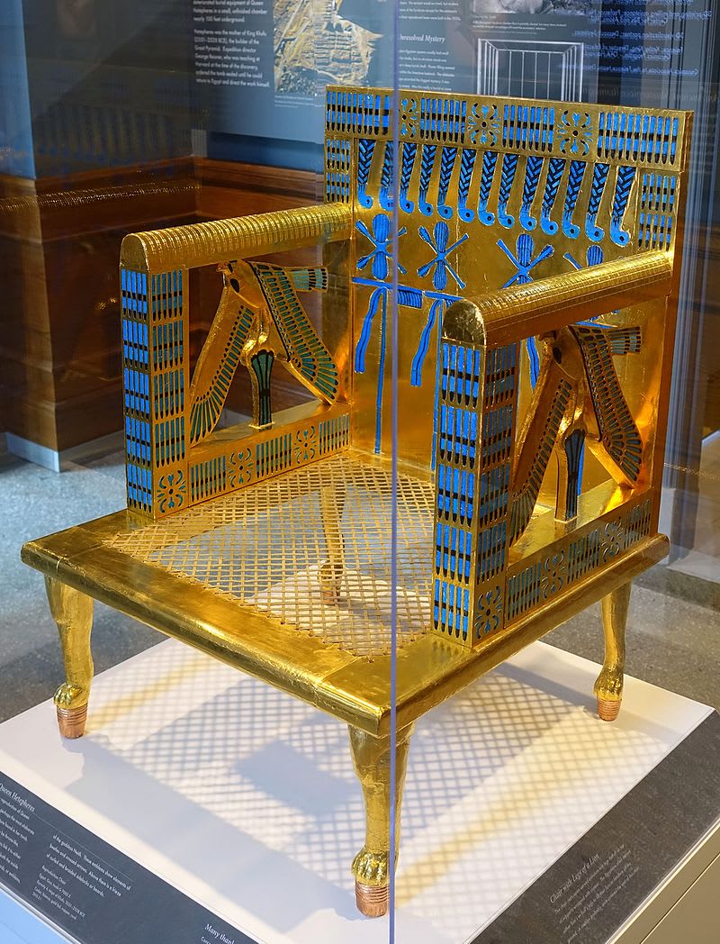 The golden chair/throne of Queen Hetepheres, the wife of Pharaoh Snefru and the mother of Pharaoh Khufu who built the Great Pyramid. Her tomb was found near the Great Pyramid along with many elaborate grave goods but her mummy was not in the tombs sarcophagus.