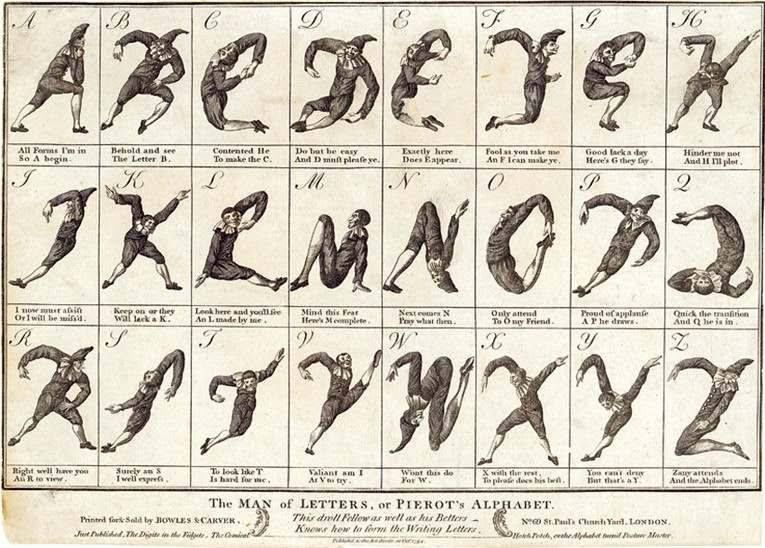 "This droll Fellow as well as his Betters Knows how to form the Writing Letters." An alphabetic contortionist from a rich tradition: