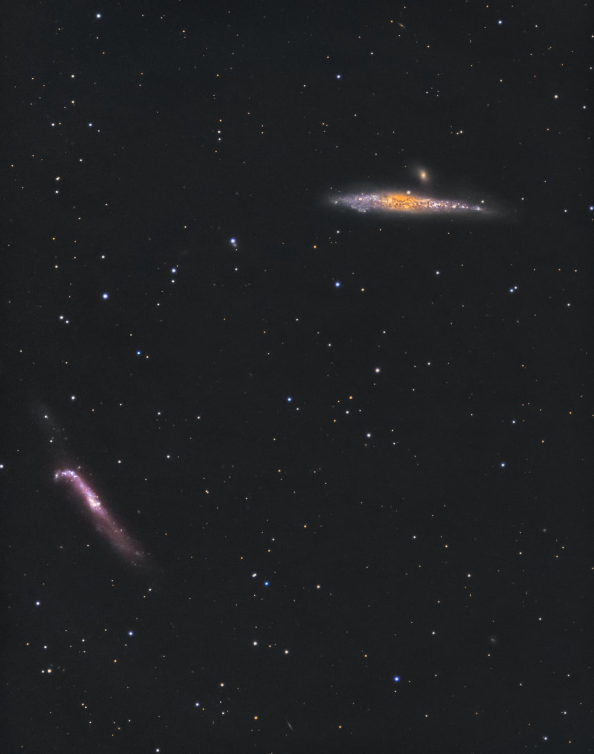 Severe light pollution makes imaging galaxies a challenge in the Detroit area. put I was still pleased with my image of the Whale and Hockey Stick galaxies.