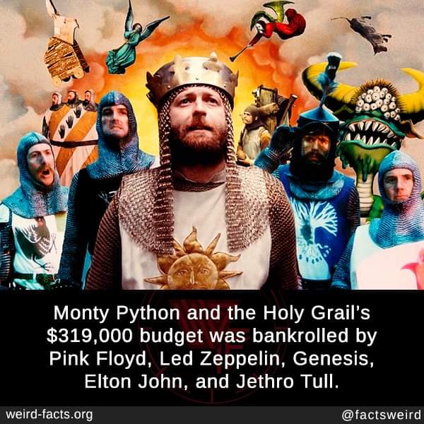 Monty Python's "Quest for The Holy Grail" filming budget was paid for by popular bands of the day.