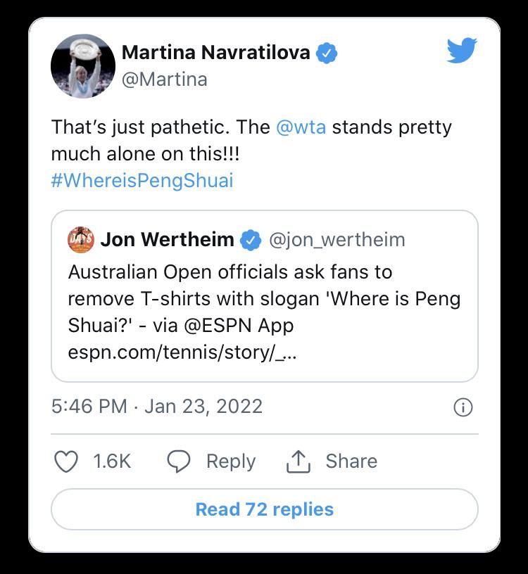 Martina chimes in on the recent ejection of fans wearing “Where is Peng Shuai” shirts from the AO