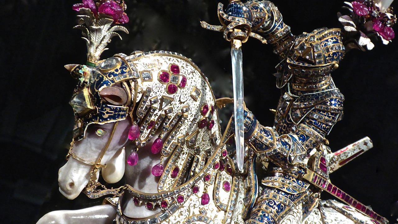 Detail of a Statuette of St George, that Archbishop Ernst of Cologne sent in 1586 to his brother Duke Wilhelm V of Bavaria. (gold, enamel, silver-gilt, diamonds, rubies, emeralds, opals, agate, chalcedony, and pearls; height 50 cm); Munich. Full image in comment.