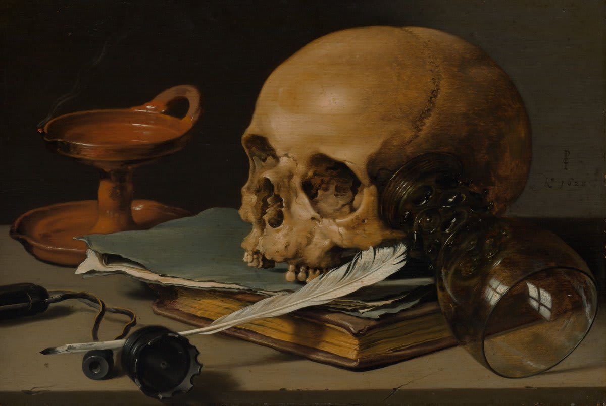 A spooky start to your week! ☠️ It's hard to miss the explicit symbolism in this 1628 still life by Pieter Claesz—the toppled glass and gap-toothed skull serve as stark reminders of life’s brevity. SpookySeason See it on view in #MetDutchMasterpieces.