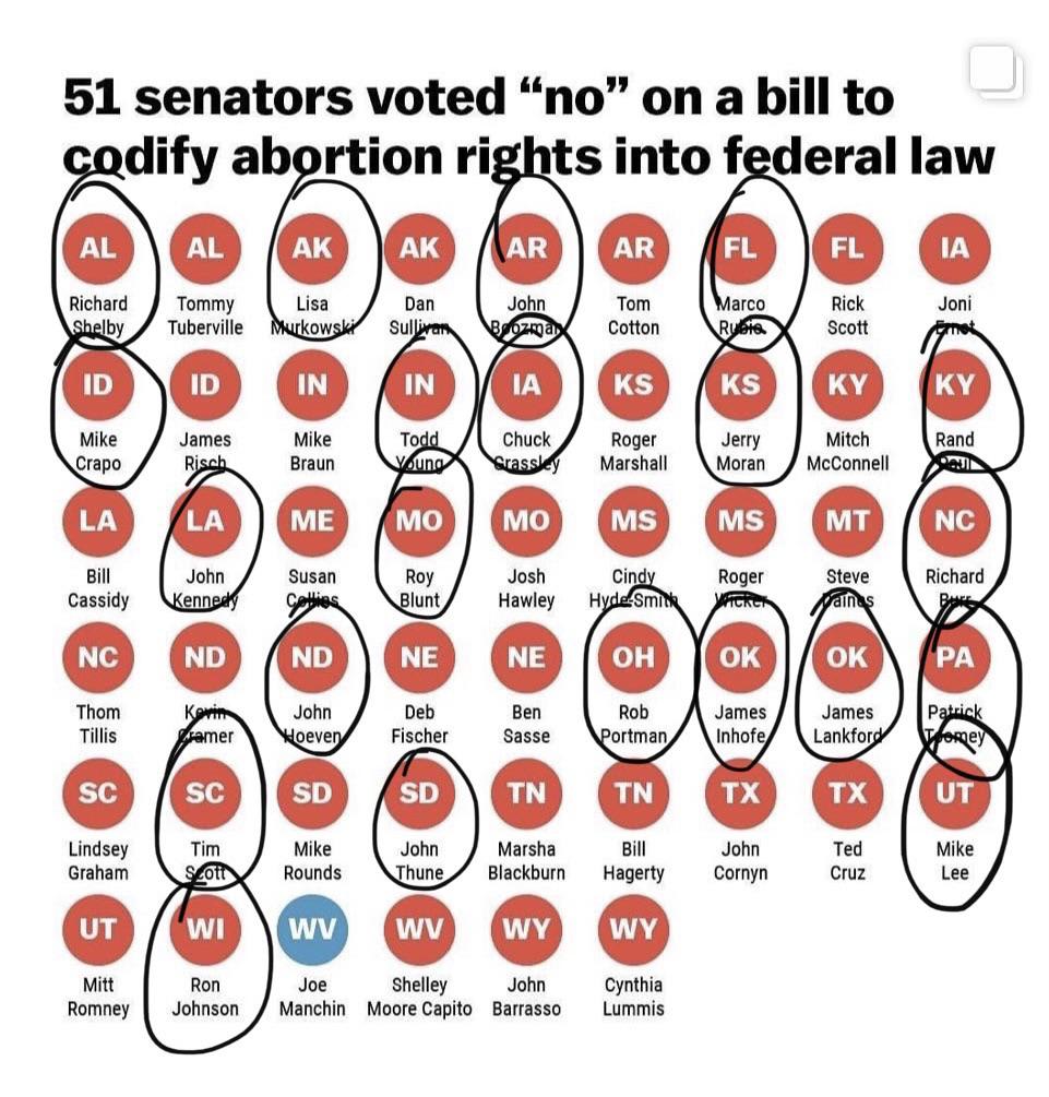 Senators up for re-election who voted against bodily autonomy this week. How many of these seats can we work on flipping?