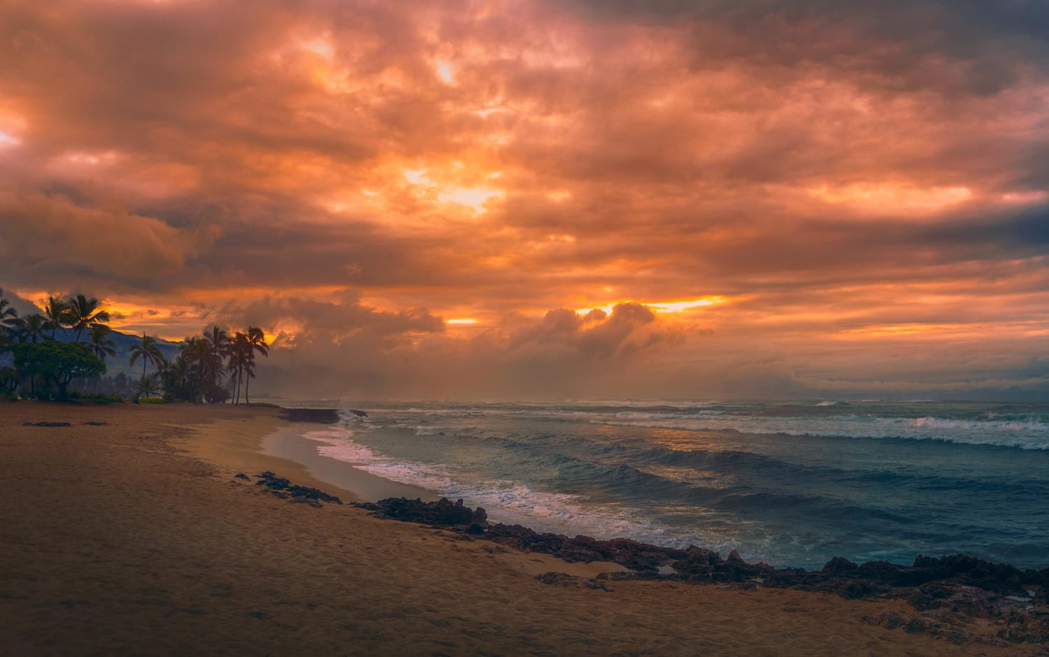 Sunset and Waves on Hale'iwa Ali'i Beach, O'ahu, Hawaii