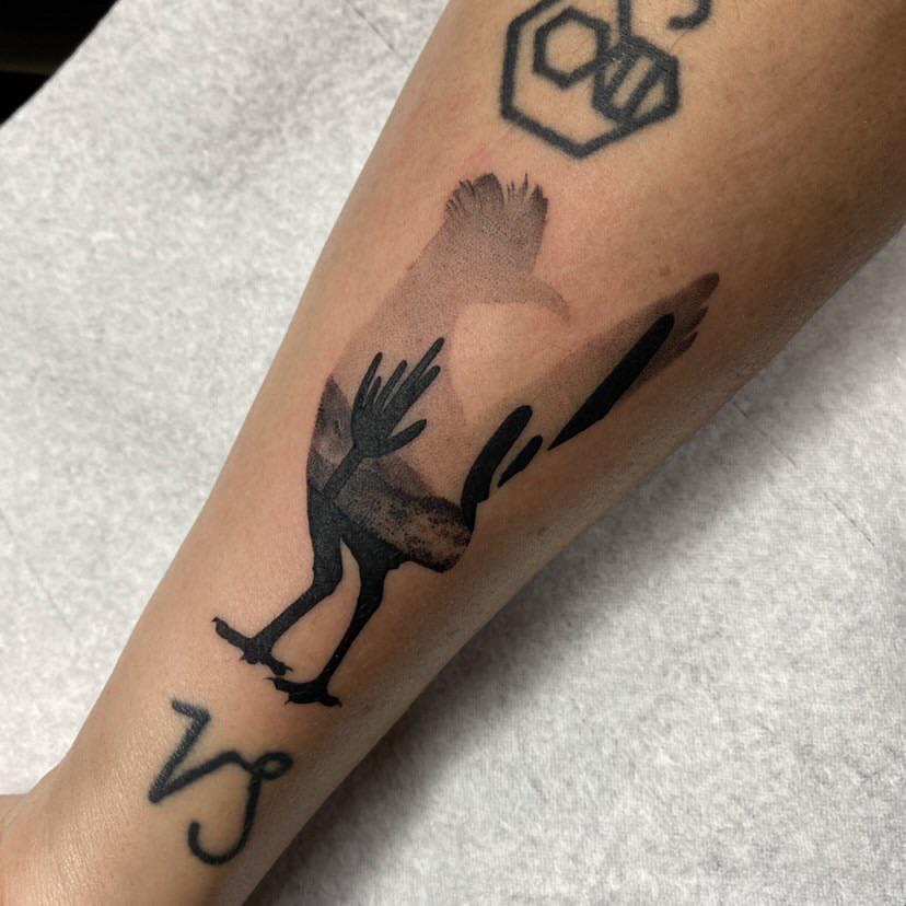 Roadrunner with saguaros done by the infamous Andy Pratt at Anvil and Anchor tattoos (Tucson, AZ)