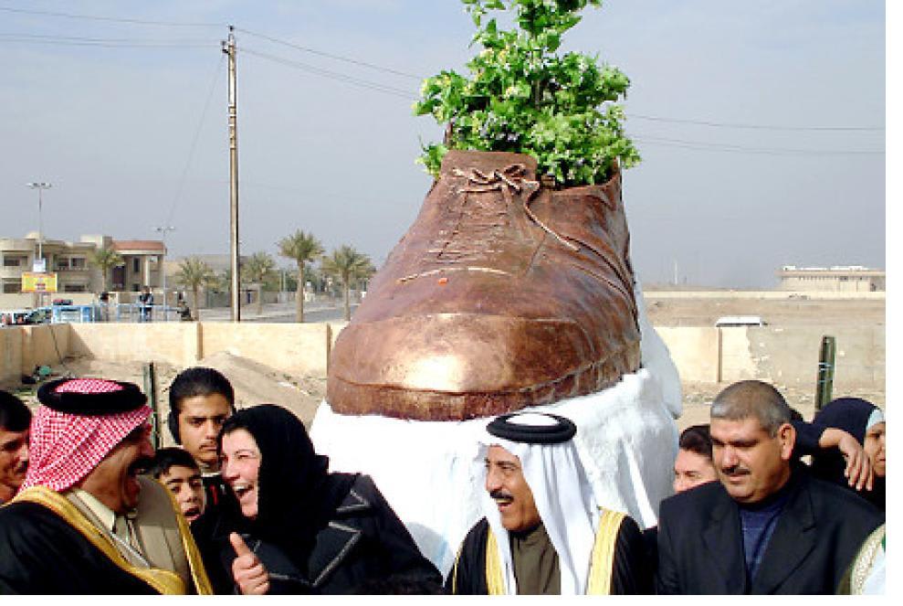 A monument in Tikrit, Iraq of the shoe thrown at George W. Bush.