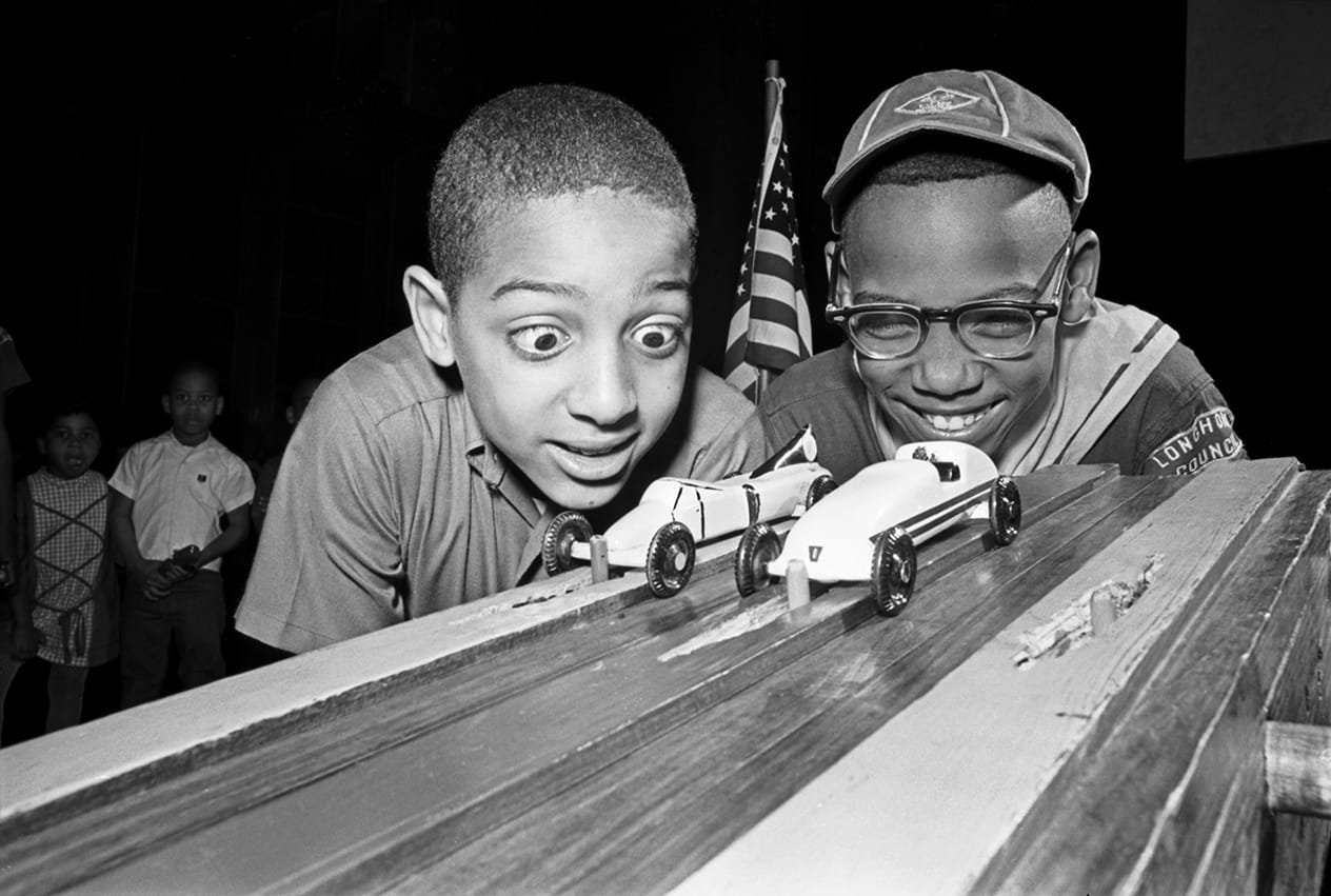 Pinewood Derby racers at the 1968 Cub Scout Olympics in Fort Worth, Texas