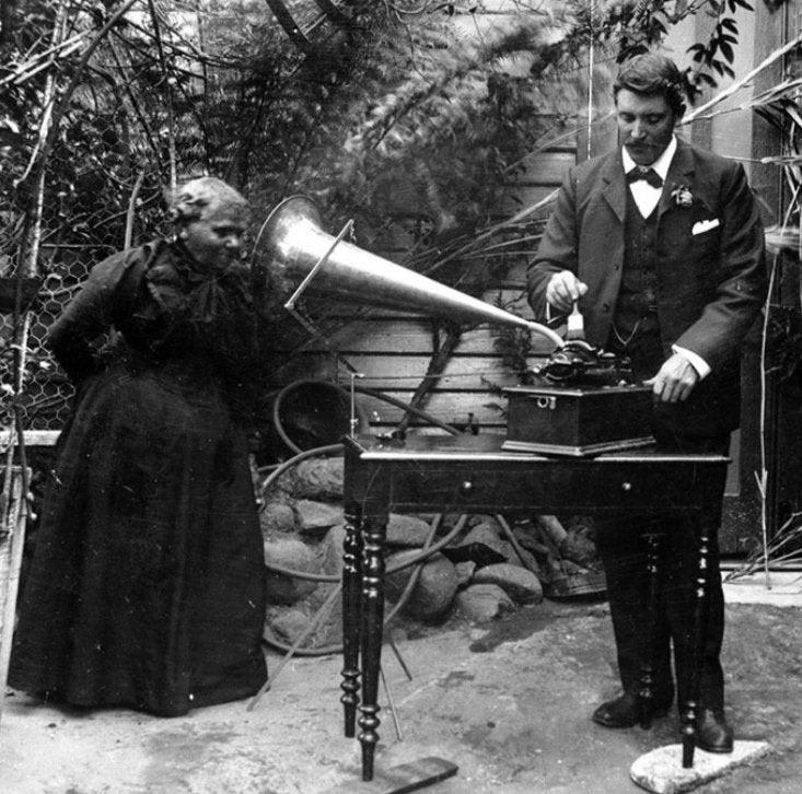 Aboriginal Tasmanian Fanny Cochrane Smith singing into her phonograph in 1903. Without her efforts to preserve her culture we would have no audio traces of the Tasmanian language.