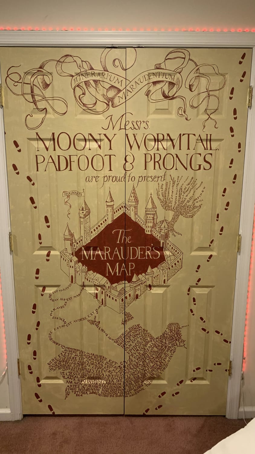 Marauder's Map On Closet Doors, Me, semi-gloss paints on wood, 2020