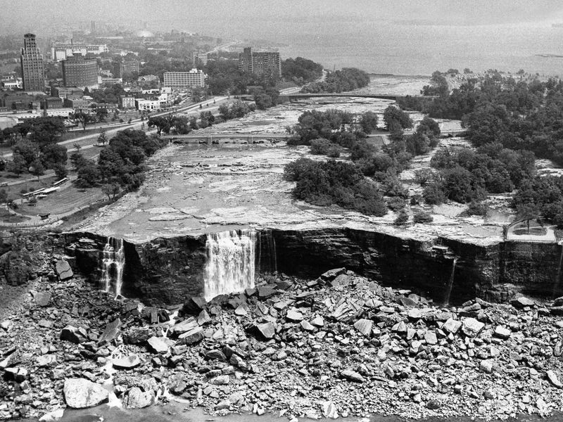 Niagara Falls with the water 'turned off' in 1969. This was done to find a way to remove the boulders that had piled up at its base, cutting the height of the falls in half.