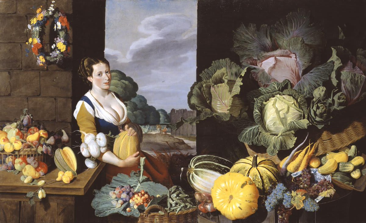 WorkOfTheWeek is Nathaniel Bacon’s ‘Cookmaid with Still Life of Vegetables and Fruit’ — just in time for #HealthyEatingWeek! Bacon loved gardening and grew his own melons at home. 🍐🍈🥕🥔 See the painting up close at Tate Britain.